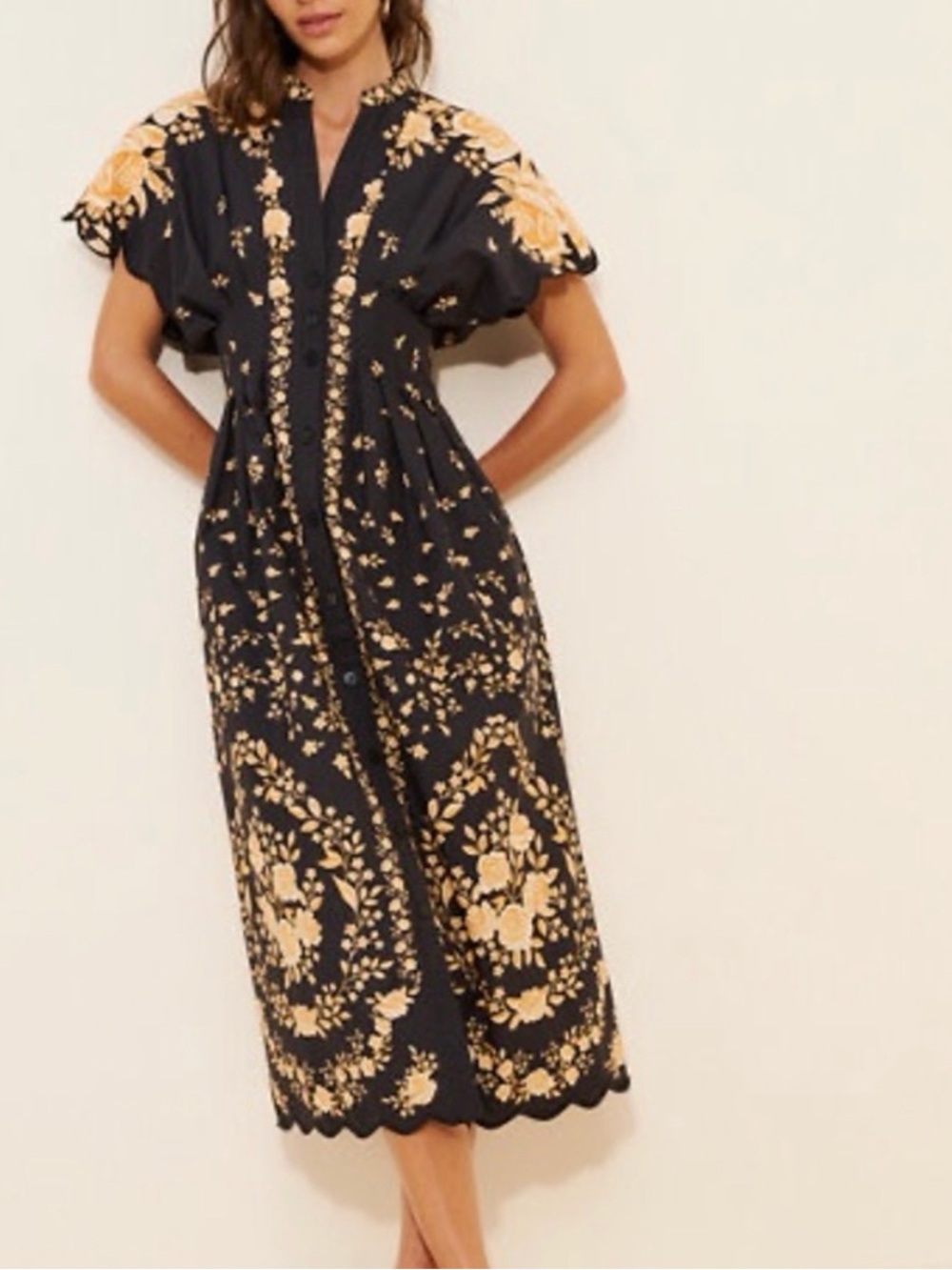 Anthropologie Black Midi Dress with Gold Floral Embroidery